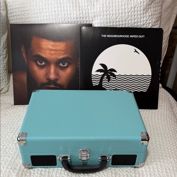 Turquoise Record Player with Vinyl Records